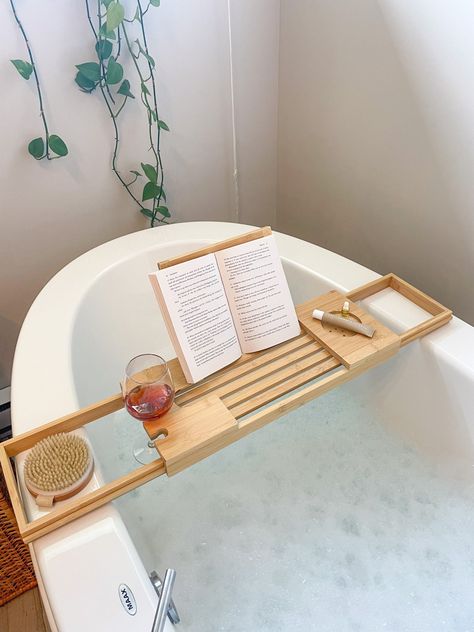 Meet our handmade bamboo bath tray / bath caddy! If you are looking for a bathtub tray or for stylish bath accessories, you are at the right place. Transform your bath experience with this 100% real, sustainable bamboo bath tray.  Our wooden bath tray is the perfect bathroom decor accent. It makes the room cozy, modern, with a small touch of rustic.  But most importantly, our bath caddy allows you to safely bring a book, a tablet, a phone or a journal (whatever you like, really) in your bathtub Bath Fitter, Aesthetic Bath, Bath Rack, Bath Board, Tub Tray, Bath Table, Bathtub Tray, Wood Bath, Wooden Bath