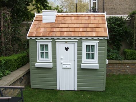 cottage finished in Jungle Green Playhouse Paint Ideas, Painted Playhouse, Playhouse Interior, Kids House Garden, Kids Cubby Houses, Outdoor Kids Play Area, Garden Playhouse, Pool Shed, Shingle House