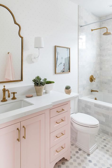 30 Bathroom Paint Colors Interior Designers Swear By Mindy Gayer Design Bathroom, Just Peachy Bathroom, Pink Vanity Bathroom, Pink Bathroom Cabinets, Pink Girls Bathroom, Girl Bathroom Ideas, Pink Bathroom Design, Girls Bathroom Design, Girls Bathroom Ideas