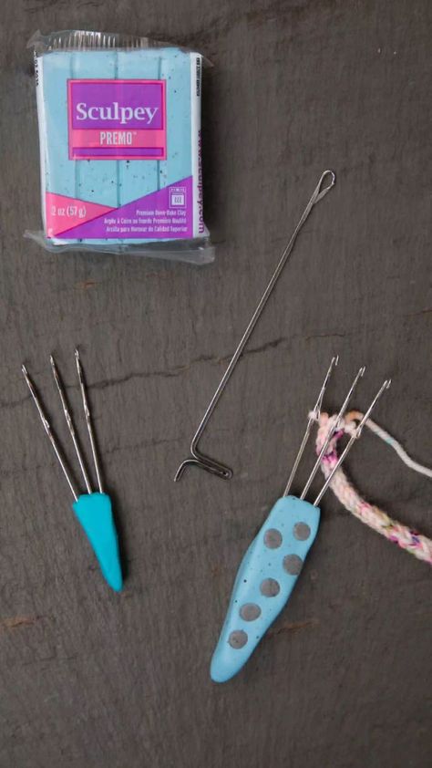 Laura Nelkin (aka Lola!) | Here's how I made my I-Cord Tool with knitting machine latch hooks and polymer clay. Full tutorial with supply list on my channel...… | Instagram Latch Hook, I Cord, Machine Knitting, Knitting Designs, Polymer Clay, Yarn, Knitting, Crochet