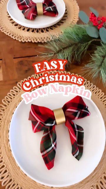 Jordyn Wilson • DIYs ✨ Seasonal Inspo ✨ Motherhood on Instagram: "In our Christmas bow era…EASY Napkin fold! 🎀🎄 This is so cute and instantly levels up your Christmas table setting! If you want the link the napkins or rings, let me know! #christmastable #christmastablesetting #christmasbow #diy #christmasdiy #momsofinstagram" Christmas Bow Table Decor, Napkin Bow, Cricut Napkin Rings Christmas, Christmas Time Napkin Rings By Nikko, Dyi Christmas Table Naplins And Silverware Holders, Easy Napkin Folding, December 12, Napkin Folding, Christmas Table Settings