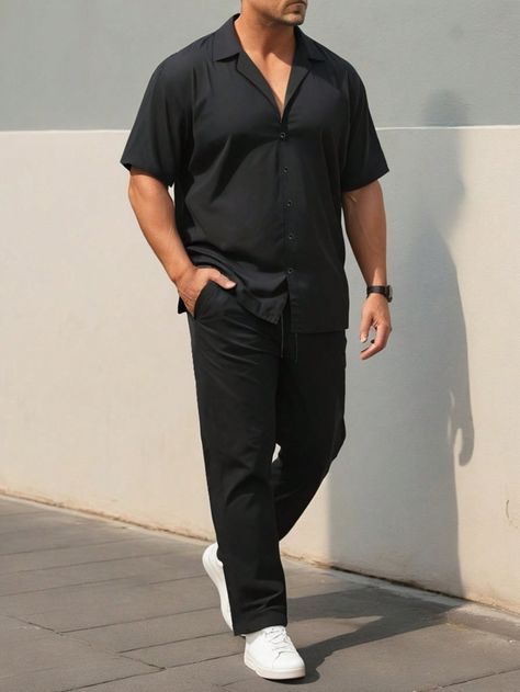 Men's Solid Color Single-Breasted Casual Short Sleeve Shirt And Pants Set Black Casual    Plain  Non-Stretch  Men Plus Size Clothing, size features are:Bust: ,Length: ,Sleeve Length: Manche, Mens All Black Outfit Classy, All Black Fits Men, Plus Size Male Fashion, Black Tshirt Outfit, Plain Black T Shirt, Shirt And Pants Set, Plus Size Shirt, Men Plus Size