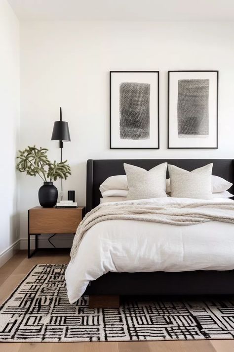 Ski Ideas, Apartment Planning, Black White Bedrooms, Bedroom Vibes, Black Bed Frame, Bedroom Styling, Zen Bedroom, Minimalist Bedroom Design, Basement Apartment