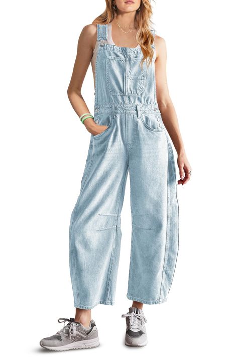 PRICES MAY VARY. High quality: This casual cute and versitile jumpsuits, womens overalls is soft with a little stretch, relaxed fit to keep you comfortable through the whole day, suggest wearing undershirt in summer and sweaters in winter inside Eyecathing look: To be elegant and attractive both at home and outdoor! This casual wide leg barrel pants has multiple funtional pockets, adjustable brace straps, button closure at the two sides, bib-and-brace design with wide barrel-leg gives your beaut Overall Pants Outfit, Barrel Pants, Vintage Barrel, Womens Overalls, Farm Fashion, Wide Leg Jumpsuits, Cute Jumpsuit, Attractive Clothing, Boyfriend Outfit