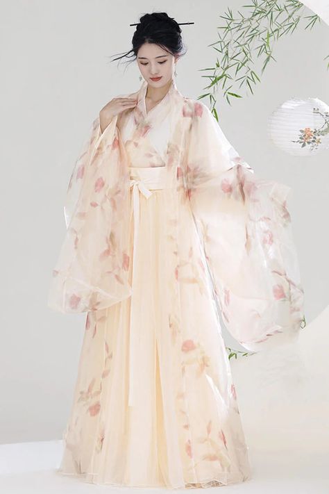 Orange V Collar High Waisted Print Sweet Chinese Style Hanfu Dress Fu – LolitaInside Peach Outfit Ideas, Modern Kimono Fashion, Kimono Wedding Dress, Japanese Dresses, Japanese Kimono Dress, Chinese Gown, Chinese Princess Dress, Chinese Fancy Dress, Modern Kimono