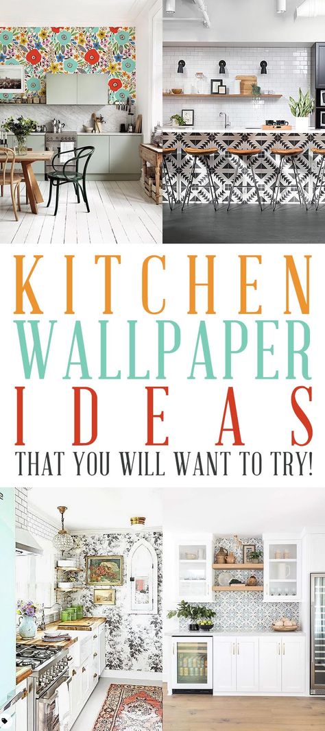 Kitchen Wallpaper Ideas That You Will Want To Try! Need a ittle change in your Kitchen but you don't want to spend a ton? Well why not add a little bit of wallpaper to your life! Here you will find all kinds of different ideas you can do with wallpaper that will add charm... fun and style to your Kitchen Space. From adding a featured wallpaper wall to a touch of wallpaper on the Kitcen Island for POP! You will love the Wallpaper Ideas and Inspiration #KitchenWallpaperIdeas #WallpaperIdeas Wallpaper Ideas Living Room, Wallpaper Kitchen Island, Wallpaper Ideas Bedroom, Kitchen Wallpaper Accent Wall, Wallpaper Ideas For Living Room, Wallpaper Backsplash Kitchen, Modern Kitchen Wallpaper, Kitchen Wallpaper Design, Living Room Wallpaper Ideas