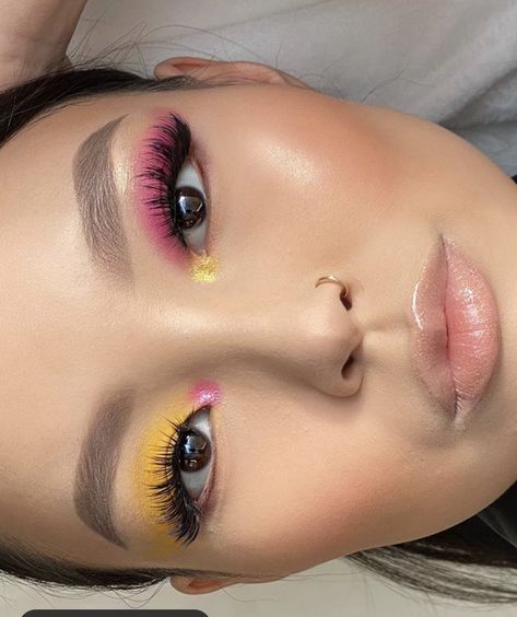 Yellow and pink makeup Yellow Pastel Makeup, Pink Yellow Eye Makeup, Yellow Pink Makeup, Pink And Yellow Makeup Looks, Yellow And Pink Makeup, Pink And Yellow Eyeshadow, Pink And Yellow Makeup, Yellow Eye Makeup, Neon Eyeshadow