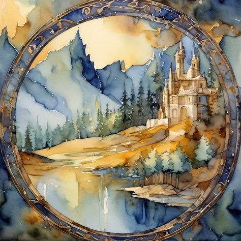 Fantasy Landscape Watercolor, European Drawing, Zelda Painting, Watercolor Fantasy Art, Castle Inspiration, Watercolor Castle, Scenery Illustration, Round Background, Illustration Picture