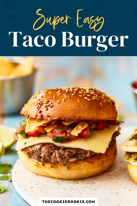 These tasty Taco Burgers will be right at home on both taco night and burger night! Inspired by my favorite Mexican food, juicy ground beef patties are piled onto hamburger buns with cheese, guacamole, salsa, tortilla chips, and a creamy hot sauce. Every bite of this Mexican taco burger recipe is packed with flavor, and the best part is that it’ll be ready in 15 minutes! Hamburger Ideas, Taco Burgers, Salsa Burger, Healthy Salmon Burgers, Ground Beef Patties, Mexican Burger, Brisket Burger, Taco Burger, Burger Bites