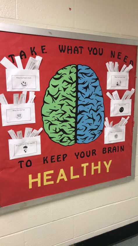 School psychology mental health bulletin board ; emotional coping skills Health Education Activities, Mental Health Bulletin Board, Mental Health In Schools, Health Bulletin Boards, Middle School Health, High School Health, Journal Guide, Drive Poster, Mental Health Week