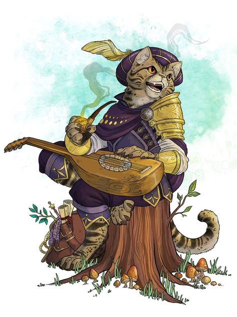 Cat Bard Dnd, Tabaxi Bard Male, Tabaxi Bard Dnd, Eloquence Bard, Tabaxi Bard, Fantasy Races, Cat Character, Dungeons And Dragons Characters, Dnd Art