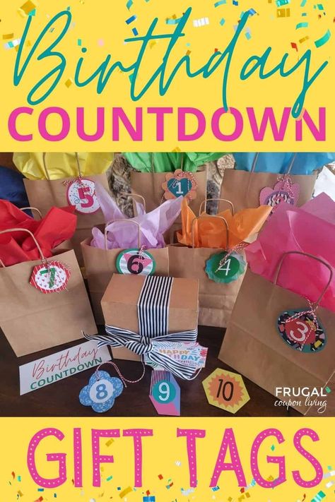 A birthday countdown creates anticipation and excitement. Take a look at these fun ideas for a birthday countdown that include a buildup of excitement plus adorable birthday countdown gift tags.  Use these for a milestone birthday like a 10th birthday, 21st, 30th, or even 40th. They also can be used as birthday countdown calendars to countdowns he days until the big day. Lastly, use them as a birthday countdown box with all the gifts in one huge box. #FrugalCouponLiving Birthday Countdown Gifts, Birthday Countdown Ideas, Birthday Countdown Calendar, Countdown Images, Countdown Ideas, Half Birthday Party, Countdown Gifts, Calendar Gift, Birthday Countdown