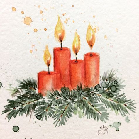 Christmas Candles Watercolor Painting, Christmas Themed Watercolor Paintings, Watercolor Candles Painting, Christmas Watercolour Cards, Candles Watercolor, Watercolor Candle, Candle Watercolor, Watercolor Candles, Winter Wonderland Card