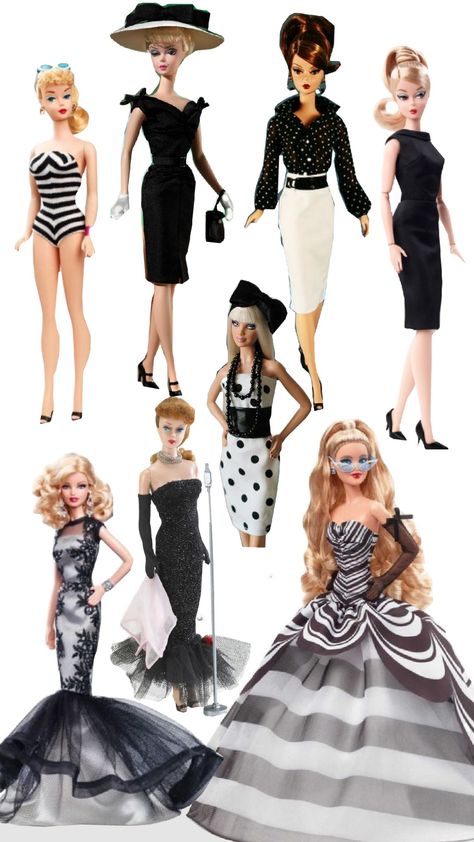 #barbie #retro #vintage #gown #barbiedoll #retrobarbie #blackand white #cute #vintagebarbie #barbiegirl #ootd #aesthetic Barbie Vintage Aesthetic, 50s Barbie, 1950s Barbie, Retro Barbie Aesthetic, 1959 Barbie, Black Vintage Barbie, Barbie Unique Vintage, First Barbie Doll 1959, 1960 Barbie Doll Cabaret Singer