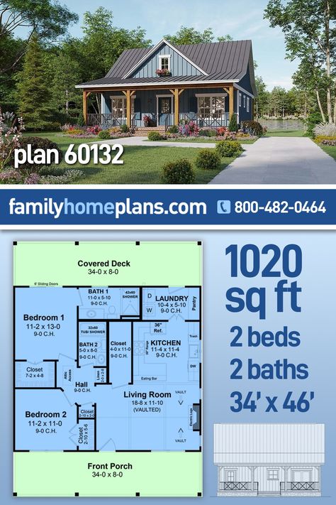 Small 2 Bed 2 Bath House Plans, Small Lake Cabin Plans, Small Home Plans 3 Bedroom Open Concept, 2 Bedroom 2 Bath House Plans, House With Basement, Small Home Plans, Retirement Cottage, Retirement House Plans, Small Country Homes