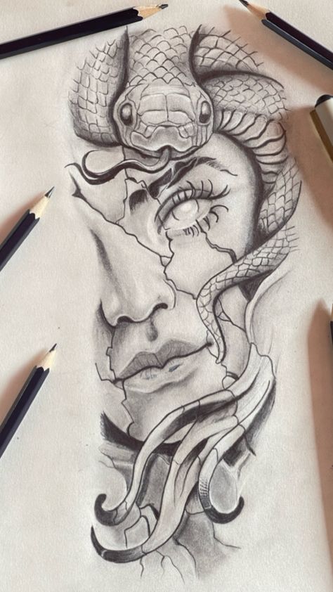 Sketch Of Medusa, Medusa Tattoo Holding Head, Female Faces Tattoo, Madussa Tattoo Design Leg, Medusa Inner Bicep Tattoo, Pretty Neck Tattoos Women Side, Medusa Tattoo Arm Sleeve, Tattoo Designs Leg Woman, Hand Tattoos For Females