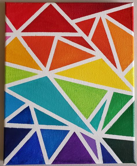 Made with acrylic on 8x12 canvas. Triangles made with masking tape Paint And Tape Art, Triangle Art Geometric, Taped Canvas Art, Drawings With Geometric Shapes, Masking Tape Paintings, Geometric Art Triangles, Geometric Tape Art, Masking Tape Canvas Painting, Masking Tape Drawing