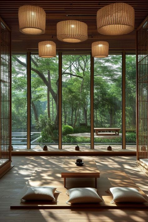 67+ Nature-Infused Office Setups Meditation House Architecture, Meditation Garden Ideas Zen Space, Zen Cabin, Zen Office Space, Light Wood Accents, Tranquil Office, Yoga Spaces, Meditation Room Design, Zen Office