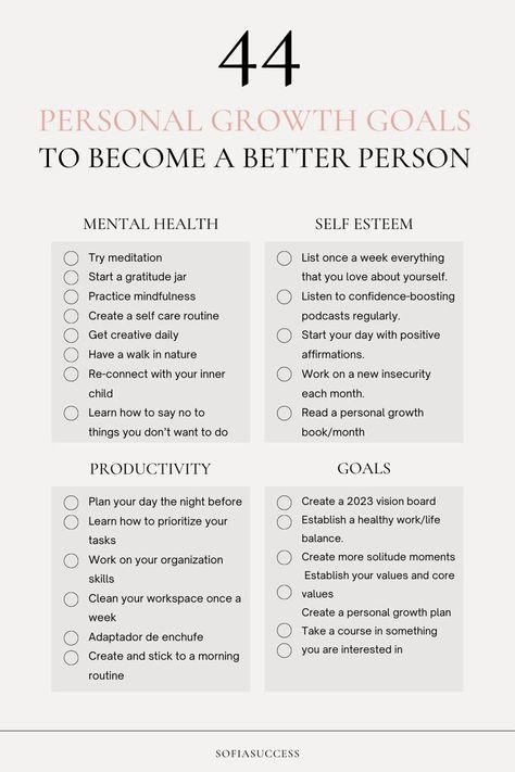 44 personal growth goals to become a better person Organisation, Personal Growth Goals, Personal Development Plan Template, Become A Better Person, Growth Goals, Finanse Osobiste, Personal Growth Books, Personal Growth Plan, Self Care Bullet Journal