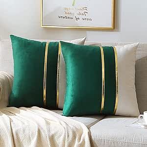 WACOMECO Velvet Throw Pillow Covers - Soft Decorative Cushion Covers Cases with Gold Leather for Sofa Bedroom Livingroom Car, 18 x 18 in, Dark Green and White Draps Design, Gold Pillow Covers, Gold Throw Pillows, Bantal Sofa, Luxury Pillows, Gold Cushions, Garden Pillows, Gold Pillows, Decorative Cushion Covers