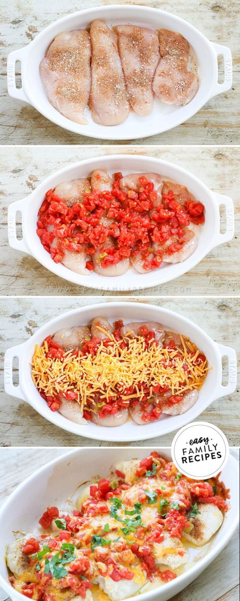 SO fast and LOADED with flavor! This easy Rotel Chicken Bake recipe is one of our go to kid-friendly dinners for busy weeknights. Tender chicken breast layered with Rotel tomatoes and green chilies are seasoned with delicious Southwestern flavors, topped with cheddar cheese and then baked to perfection. This easy chicken bake dinner is perfect for when you need a quick family-friendly dinner on the table fast. You can pair this chicken bake with rice, beans, or a side salad to keep it wholesome. Chicken Rotel Recipes, Rotel Chicken, Seasoned Chicken Breast, Chicken Bake Recipe, Rotel Recipes, Seasoned Chicken, Chicken Bake, Baked Chicken Breast, Ooey Gooey