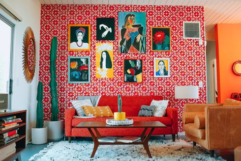 A pink Airbnb in Santorini, a mint green apartment in Jaipur, and more colorful Airbnb listings around the world. Estilo Kitsch, Green Apartment, Red Living, Red Couch, Maximalist Design, Cute Dorm Rooms, Living Room Red, Small Space Living Room, Style Deco