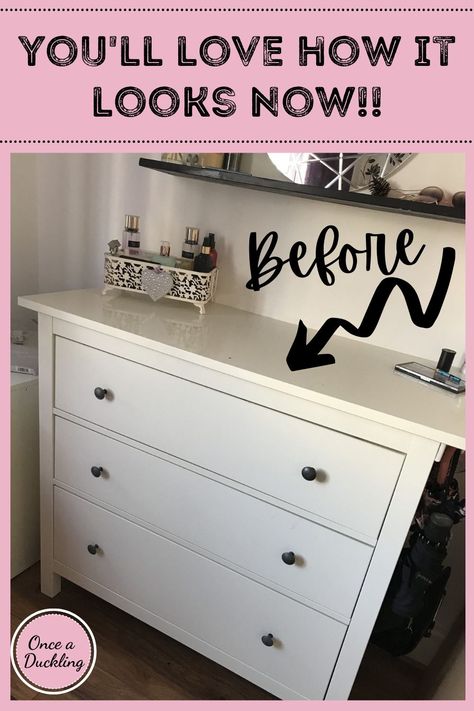 We've got quite a lot of IKEA furniture in our home. Both our bedroom and kitchen are from good old IKEA. But this Hemnes dresser had seen better days and definitely needed a mini makeover! As hacks and ideas go, this one is super-simple! (But has made ALL the difference!!) Ike’s Hemnes Hack, Hemnes 3 Drawer Dresser Hack, Koppang 3 Drawer Chest Hack, Hemnes Chest Of Drawers Hack, Ikea Hack Koppang, Ikea Hacks Hemnes Dresser, Hemnes Hacks Ikea, How To Decorate A Chest Of Drawers, Ikea Hemnes Chest Of Drawers Hack