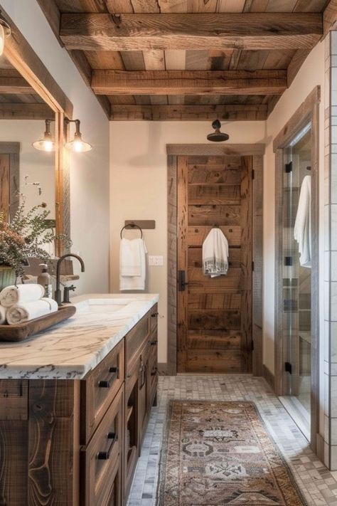 Cabin Bathroom Makeover, Rustic Stand Up Shower Ideas, Cozy Rustic Bathroom Ideas, Timber Frame Bathroom Ideas, Rustic Shower Door Ideas, Farmhouse Interior Bathroom, Mountain Home Bathroom, Mountain Bathroom Ideas, Bathroom Vision Board