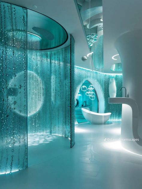 Cybercore Bathroom, Water Room Aesthetic, Blue Frutiger Aero, Cool Rooms In Houses, Frutiger Aero Bathroom, Frutiger Aero Interior, Frutiger Aero House, Frutiger Aero Bedroom, Futuristic Room Aesthetic