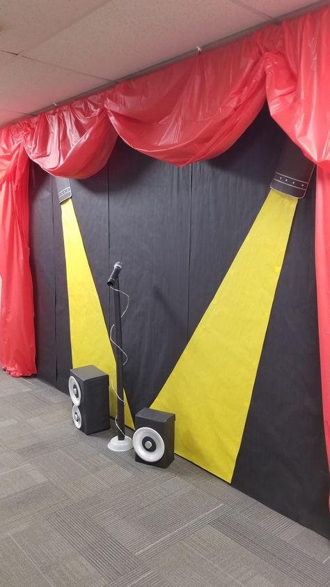 The Voice Party Theme, Movie Vbs Decorations, Movie Theme Vbs Decorations, Rock N Roll School Theme, Shine Vbs 2024 Decorations, Drama Classroom Decor, Vbs Start The Party, Rock Your School Day Ideas, School Stage Design