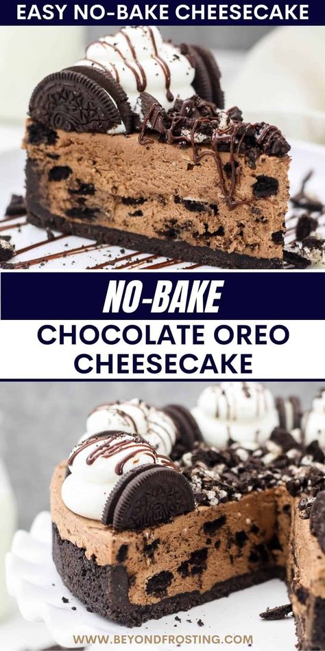 If you love no-bake cheesecakes, you have to try this mouthwatering No-Bake Chocolate Oreo Cheesecake. The Oreo crust is filled with no-bake chocolate cheesecake that’s loaded with Oreo cookies. If you love Oreo cheesecake, try this recipe! No Bake Chocolate Cookie Cheesecake, Keto Oreo Cheesecake, Oreo Fudge Cheesecake, No Bake Chocolate Cheesecake Pie, No Bake Chocolate Recipes, Cheesecake Ideas No Bake, No Bake Chocolate Cheesecake Recipes, Oreo No Bake Cheesecake, Chocolate Cheesecake No Bake