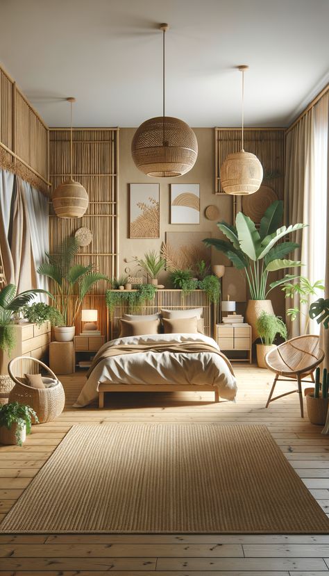 "Cozy bedroom with natural, warm vibes. Wooden bed, neutral bedding, vibrant plants. Woven wall hangings, bamboo accents. Wicker headboard, pendant lights. Woven rug, rattan chair by window with light curtains. Serene, inviting atmosphere." Wicker Decor Bedroom, Bamboo Wall Interior, Bali Room Design, Bamboo Day Bed, Bamboo Bedroom Decor, Rattan Decor Interior Design, Bamboo Accent Wall, Wicker Bedroom Ideas, Rattan Bedroom Ideas