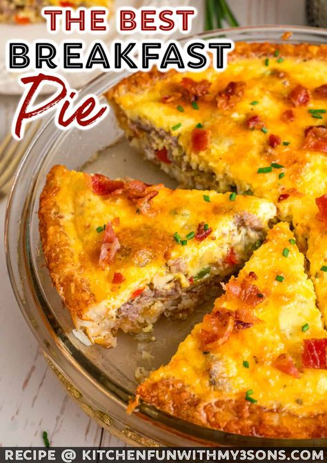 This savory Breakfast Pie is packed with cheesy eggs, flavorful sausage, tender veggies and bacon all nestled in a crispy hash brown crust. It’s the perfect way to start your morning with a balanced meal that is as satisfying as it is simple to make. Bacon And Cheese Quiche With Hashbrown Crust, Impossible Bacon Pie, Breakfast Casserole With Pie Crust, Breakfast Pie Quiche, Breakfast Pies Recipes, Sausage And Egg Pie, Savory Pies Recipes Easy, Breakfast With Hashbrown Patties, Crossiant Breakfast Pie