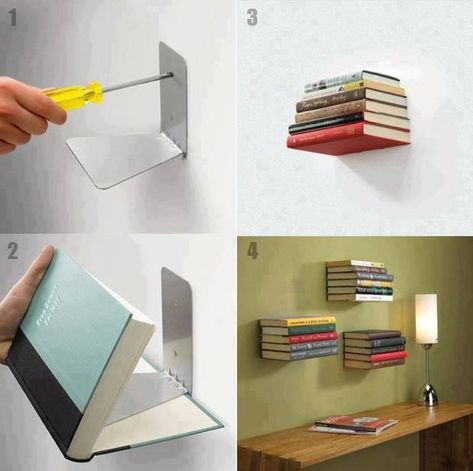 How to Make Invisible Book Shelf  tutorial and instruction. Follow us: www.facebook.com/fabartdiy Invisible Bookshelf, Invisible Shelves, Floating Books, Creative Bookshelves, Floating Bookshelf, Floating Bookshelves, Bookshelves Diy, Estantes Flotantes, The Wall