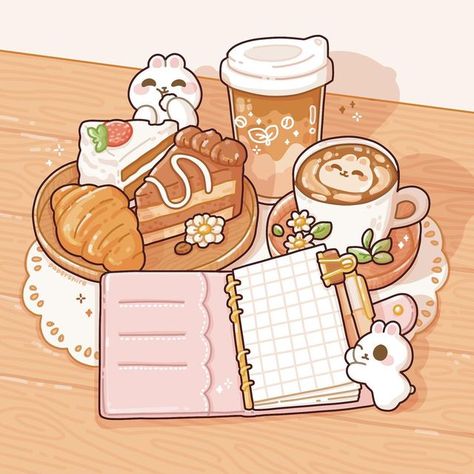 Bakery Drawing Aesthetic, Cafe Drawing Aesthetic, Dessert Aesthetic Wallpaper, Cute Coffee Drawings, Coffee Drawing Aesthetic, Cute Cafe Drawing, Food Dessert Aesthetic, Cute Coffee Art, Cute Food Illustration