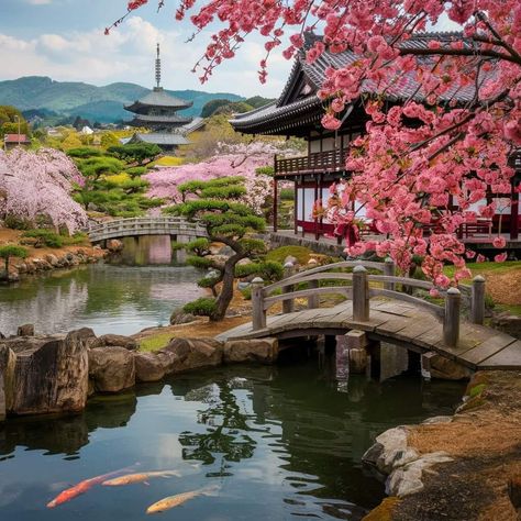 Exam Inspiration, Japanese Park, Pond Koi, Japan Sakura, Japan Landscape, Pond Water Features, Asian Garden, Relaxing Places, Fruit Garden