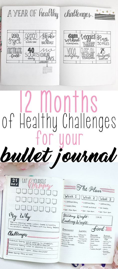 12 Months of HealthyChallenges to Add Into Your Bullet Journal Healthy Challenges, Bullet Journal Health, Training Journal, Bullet Journal Work, Digital Bullet Journal, Goals Bullet Journal, Bullet Journal 2019, Journal Challenge, Bullet Journal How To Start A