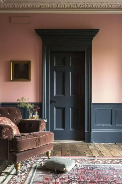 Navy And Mauve Living Room, Colour Drenched Living Room, Dark Pink Room, Dark Pink Paint, Pink Office Aesthetic, Pink And Blue Room, 1800 Farmhouse, Mauve Living Room, Sulking Room Pink