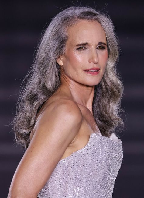 Andie MacDowell, 66, Rocks the Runway in a Marvelous Gown, Sparking Heated Buzz Andie Macdowell Gray Hair, Andie Macdowell 80s, Andie Mcdowell, Styling Portfolio, Mauve Lips, Andie Macdowell, Gorgeous Gray Hair, Authentic Beauty, Natural Gray Hair