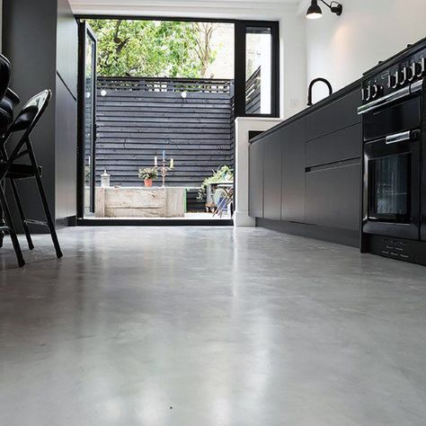 Flooring Ides Concrete Concrete Kitchen Floor, Micro Concrete, Epoxy Resin Flooring, Concrete Tile Floor, Smooth Concrete, Concrete Stained Floors, Floor Ideas, Concrete Kitchen, Cement Floor