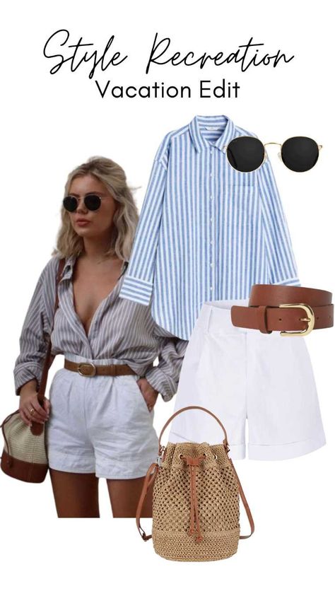 Summer Striped Shirt, Striped Shirt With Shorts, White Shorts Blue Shirt Outfit, Blue And White Vacation Outfits, Brown Belt Summer Outfit, Summer Belt Outfit, Women Striped Shirt Outfit, Blue Stripped Shirt Women Outfit Summer, Striped Shirt And Shorts Outfit