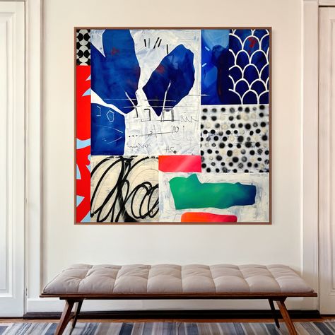 Coastal Inspired Art, Eclectic Spaces, Modern Eclectic Home, Mixed Media Collage Art, Media Collage Art, Dynamic Shapes, Collage Painting, Paintings Modern, Continuous Improvement