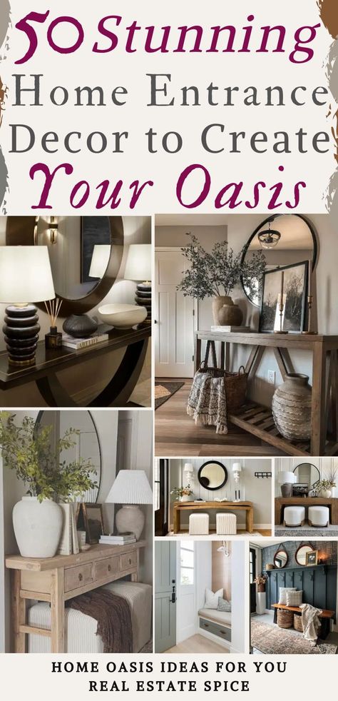 Transform your home’s entrance into a welcoming oasis with my 50 decor ideas. Discover how to pair console tables with elegant lamps, chic vases, and efficient shoe organization for a sophisticated look. Add cozy touches with baskets and poufs, and finish the space with a stunning mirror that enhances light and depth. Each idea offers step-by-step tips to help you create a functional and beautiful entryway. Breathe new life into your home's entrance! RealEstateSpice.com #HomeEntranceDecor Mirror And Console Table Ideas, Entry Table With Mirror, Outdoor Entryway Decor, Entrance Ideas Entryway, Open Entryway, Entrance Table Decor, Entrance Console Table, Rustic Entryway Table, Foyer Ideas Entryway