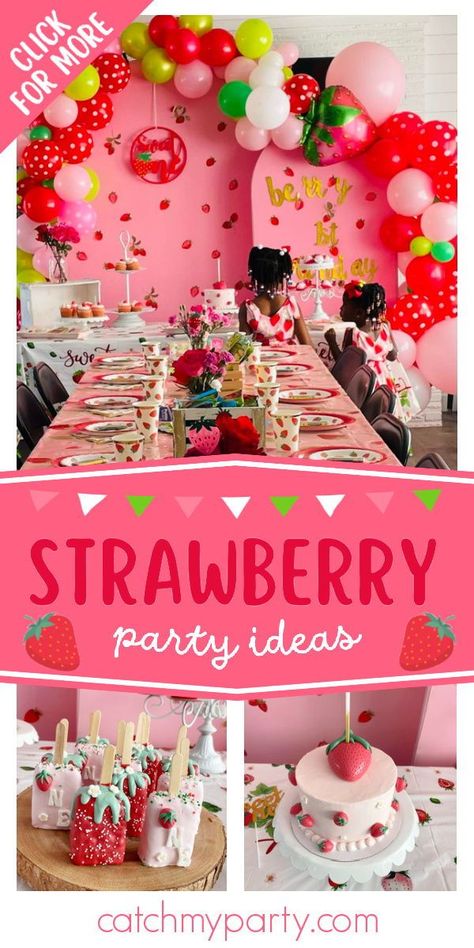 Don't miss this cute Strawberry-themed 1st birthday party! The party food is so sweet! See more party ideas and share yours at CatchMyParty.com Strawberry Theme First Birthday Dessert Tables, Berry 1st Birthday Party Food Ideas, Strawberry Party Food Ideas, Strawberry Themed Food, Berry First Birthday Food Ideas, Strawberry Party Food, Berry First Birthday Party Food, Strawberry Party Ideas, Strawberry Themed 1st Birthday