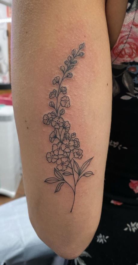 Floral Tattoo Chest Woman, Alaskan Wildflowers Tattoo, Larkspur Hand Tattoo, Red Larkspur Tattoo, Larkspur And Carnation Flower Tattoo, Larkspur And Gladiolus Tattoo, Sweet Alyssum Tattoo, Larkspur Wrap Around Tattoo, Larkspur And Butterfly Tattoo