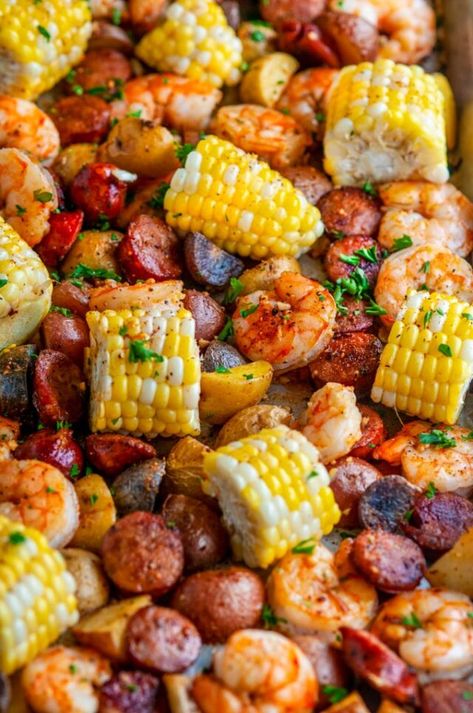 Cajun Shrimp And Sausage Sheet Pan, Shrimp Corn Recipes, Cajun Sausage Recipes, Sheet Pan Shrimp Boil, Pan Shrimp Boil, Boil Recipes, Shrimp Corn, Shrimp Boil Recipe, Sheet Pan Shrimp