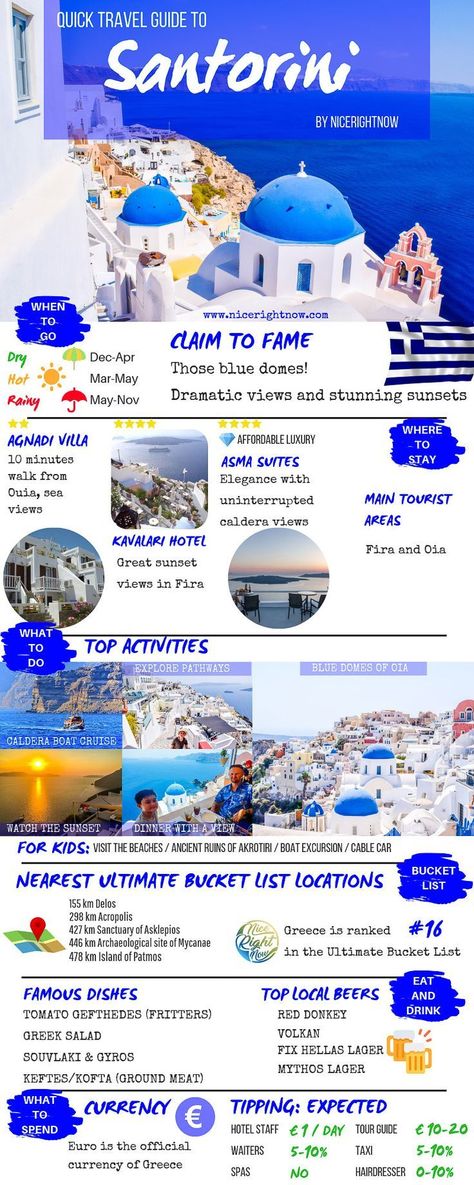 With it's dazzling views and amazing caldera sunsets, Santorini is on more bucket lists than any other location. #nicerightnowblog #travel via @NiceRightNow Destination Wedding Welcome Bags, Greek Islands Vacation, Greece Itinerary, Greece Trip, Greek Travel, Santorini Travel, Tourism Day, Greece Travel Guide, Greece Vacation