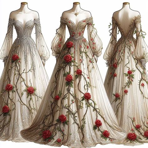 White Dress With Roses, Persephone Inspired Dress, Fancy Vintage Dresses, Mystical Dresses Fairytale, Persephone Aesthetic Outfit, Ball Gowns Fantasy, Fox Dress, Rose Clothing, Fashion Design Collection