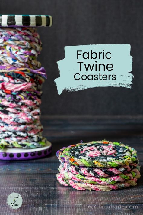 These fun and colorful DIY fabric coasters are quick and easy to make with fabric twine and glue. A great way to recycle using scrap fabric. Scrap Fabric Aesthetic, Fabric Salvage Projects Ideas, How To Make Coasters With Fabric, Fabric Yarn Projects, Leftover Fabric Ideas, Fabric Scrapes, Diy Fabric Coasters, Leftover Fabric Crafts, Colorful Coasters