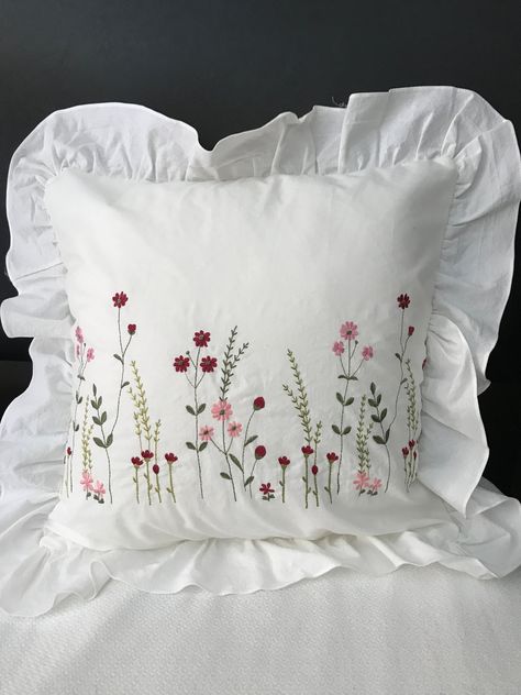 Embroidered cotton pillow cover White cushion pillowcase with red and pink flower; Wedding, birthday, easter, anniversary, housewarming gift by TheWellbyKosen on Etsy Pillow Case Covers, Embroidery On Pillow Cover, Herbs Embroidery, Embroidery On Pillow, Diy Embroidered Pillow, Pillow Embroidery Designs, Pillow Case Embroidery, Embroidery Pillowcases, Embroidery Pillow Case